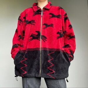 Vintage 90s Coatlines Canadian Western Horse Deep Pile Red Black Fleece Jacket